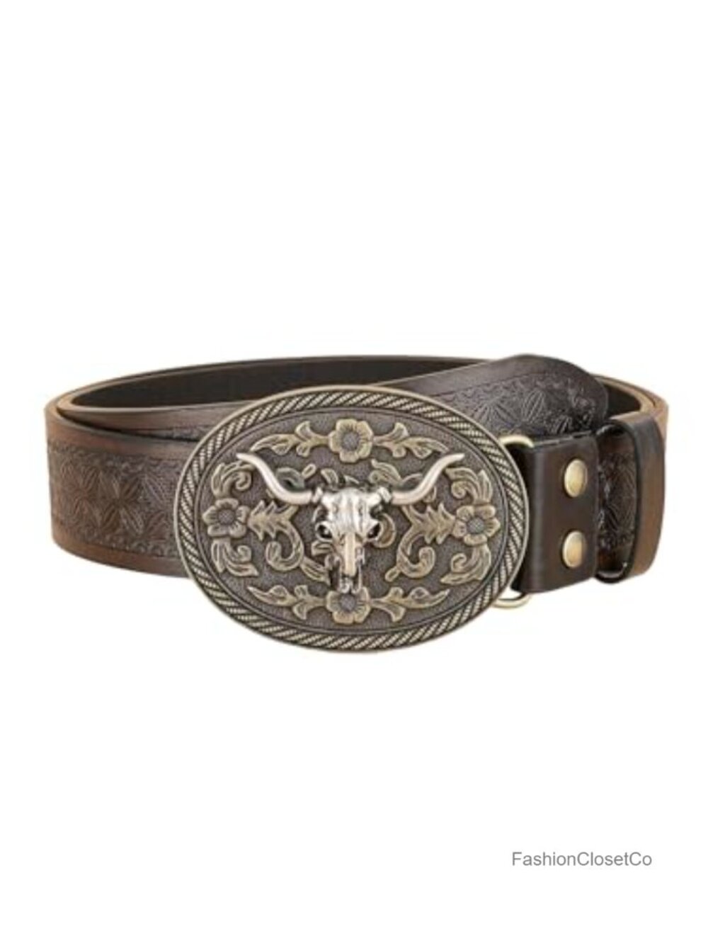 Verdusa Vintage Western PU Leather Belt Oval Buckle Retro Floral Carved
